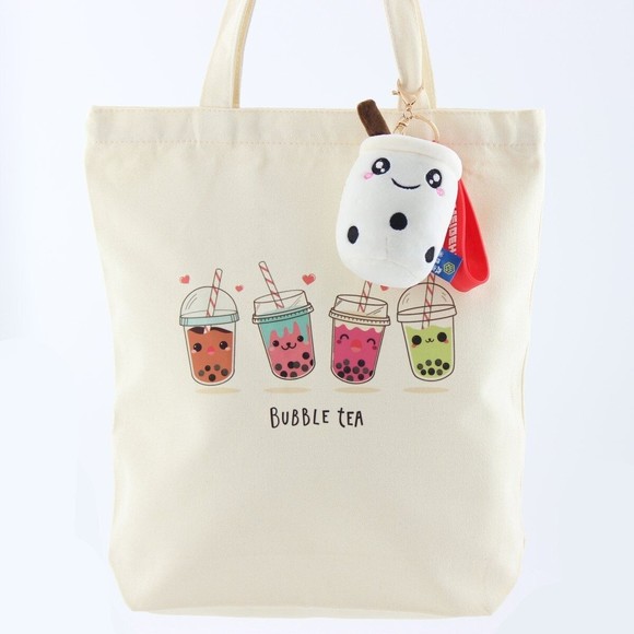 Canvas Boba Tote Bag Zipper with a White Boba Keychain - Picture 1 of 6